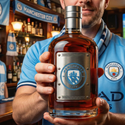 Karafka do whisky Manchester City – luksusowa kryształowa butelka na alkohol, ręcznie wykonana karafka z logo Manchester City, idealna do whisky, bourbona, koniaku lub szkockiej